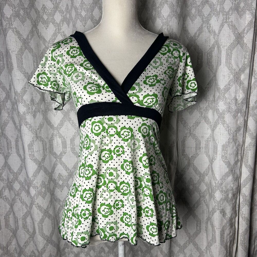 Y2K Hot Tempered White and Green Floral Baby Doll Top Size Large Tie Back Fairy